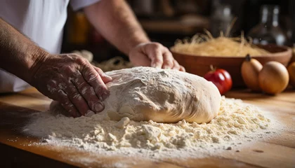 Gordijnen Homemade dough on wooden table, preparing fresh bread generated by AI © Gstudio