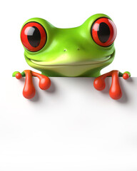 great 3d illustration of a funny red eyed tree frog with a sign for copy space