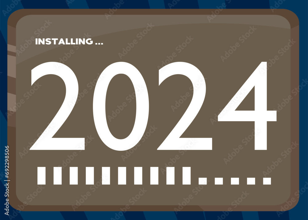Poster Cartoon Computer With the number 2024. Message of a screen displaying an installation window.
