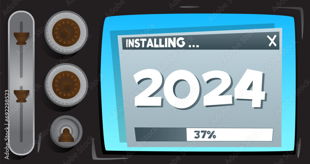 Poster Cartoon Computer With the number 2024. Message of a screen displaying an installation window.