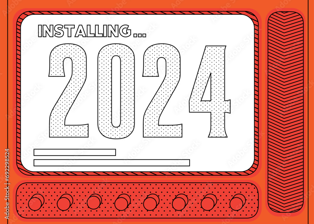 Poster Cartoon Computer With the number 2024. Message of a screen displaying an installation window.