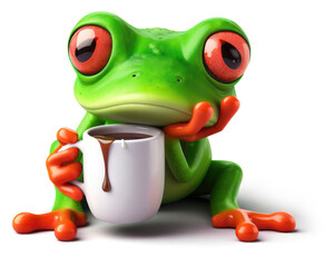great 3d illustration of a funny red eyed tree frog exhausted with coffee - 692298757