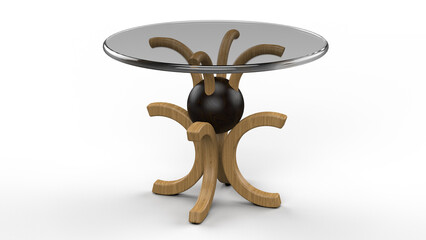 Glass Table top. Arched pattern Wooden base. 3d render. White background