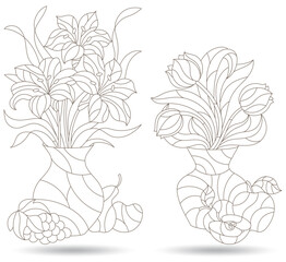 Set of contour illustrations in stained glass style with still lifes, flowers and fruits, dark outlines on a white background