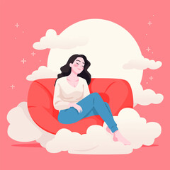 Young girl character sits on red sofa in clouds vector illustration. Moon and stars on pink background. Sleep time. Sweet dreams. Relax, fantasy, imagination concept. Flat cartoon hand drawn style.