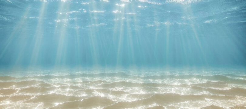 underwater background deep blue sea and beautiful light rays with sandy floor. Underwater Sea, Deep Abyss With Blue Sun light. banner