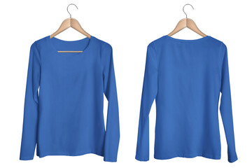 Blank Template Hanging Blue Woman Round Neck Long Sleeve T-shirt Mockup