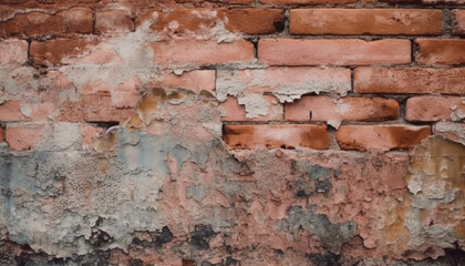Weathered brick wall, rusty and damaged, an old ruin generated by AI