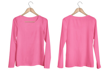 Blank Template Hanging Charity Pink Woman Round Neck Long Sleeve T-shirt Mockup