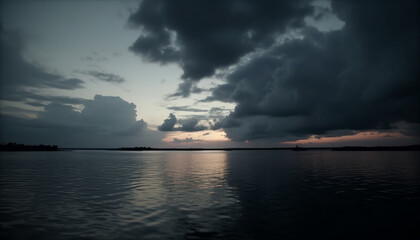 Naklejka na ściany i meble Idyllic sunset over tranquil seascape, with dramatic moody sky generated by AI