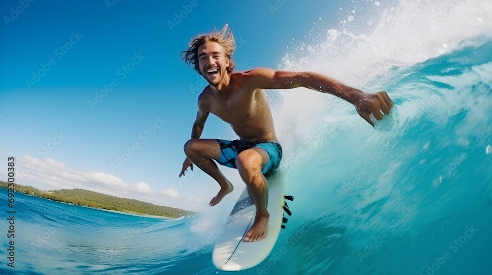 Poster a happy young man enjoying surfing against the backdrop of a blue sea. generative ai