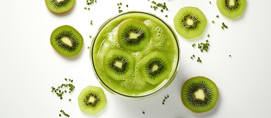 Healthy bird's-eye view of green smoothie with kiwi juice in a glass.