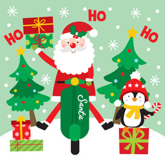 Cute Santa Claus with Penguin and Christmas Gifts