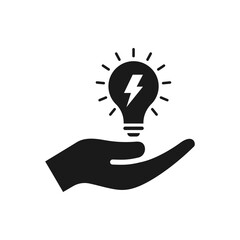 Energy saving. Lightbulb on hand icon flat style isolated on white background. Vector illustration