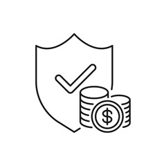 Dollar coins with shield and checkmark. Money protection icon concept isolated on white background. Vector illustration