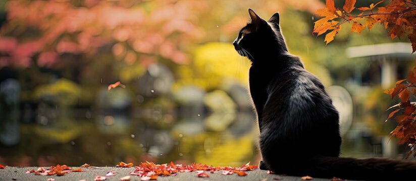 A black cat admiring Japanese garden's autumn leaves.