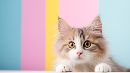 Cute white cat with brown sitting and looking with its tender eyes directly into the camera on a pastel color background with copy space on the left