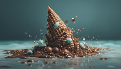 Indulgent chocolate ice cream ball levitates over sandy beach generated by AI