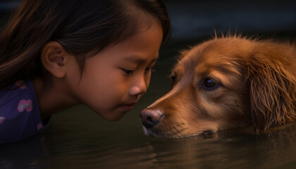 Cute girl embraces wet puppy in nature, pure happiness reflected generated by AI