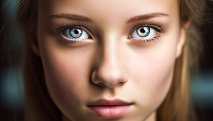 Obraz premium Cute Caucasian girl with blue eyes staring at camera, smiling joyfully generated by AI