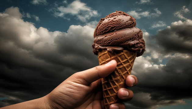 Hand holding ice cream cone with chocolate ball on blue background generated by AI