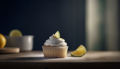 Homemade lemon cupcakes with fresh fruit icing on rustic table generated by AI
