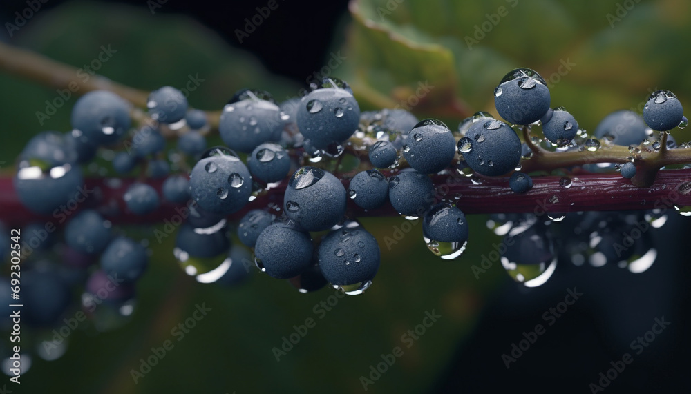 Poster Ripe berry bunch on wet branch, dew drops glisten generated by AI