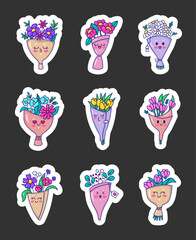 Kawaii cute flower bouquet. Sticker Bookmark. Botanical cartoon character. Blooming. Hand drawn style. Vector drawing. Collection of design elements.