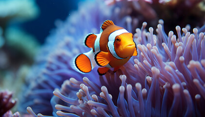 Fototapeta na wymiar Clown fish swimming in vibrant underwater reef generated by AI
