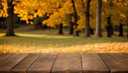 Naklejka na ściany i meble empty wooden table top with blur background of autumn. Exuberant image.