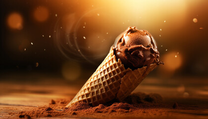 Sweet summer indulgence Gourmet ice cream cone with chocolate and candy generated by AI
