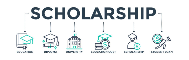 Scholarship banner web icon concept with icons of education, diploma, university, education cost, scholarship, and loan student.  Vector illustration  - obrazy, fototapety, plakaty