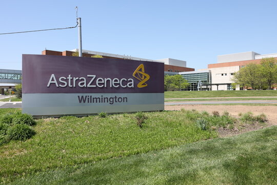 Wilmington, Delaware, USA - Apr 20, 2023: The AstraZeneca logo at the British-Swedish multinational pharmaceutical company AstraZeneca's North America Commercial headquarters