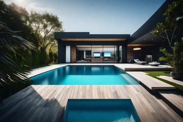 modern design home with indoor/ outdoor pool. - obrazy, fototapety, plakaty