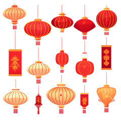 Chinese New Year Icons set. Chinese paper lantern and red lamp isolated icons of Asian Lunar New Year holiday decoration. Oriental culture tradition illustration, Generative AI illustration