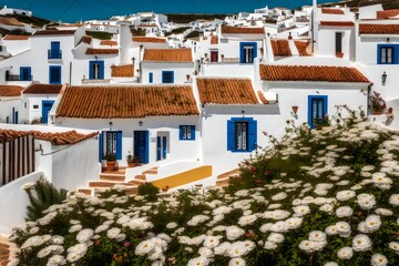 traditional south portugal white houses covered with flowers in algarve.