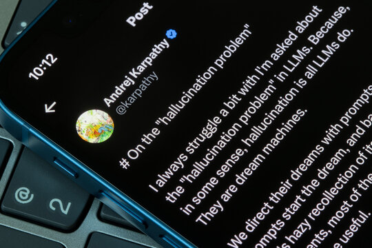 Portland, OR, USA - Dec 11, 2023: OpenAI research scientist Andrej Karpathy's original post on the X platform about LLMs' "hallucination problem" is seen on an iPhone.
