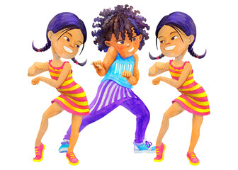 School age boy and twin girls dancing and having fun together. Watercolor illustration for kids dancing party design, invitations, posters