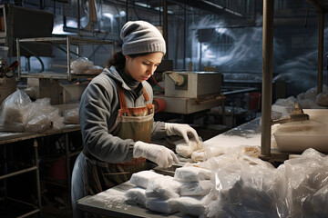 A woman packs frozen food in a factory