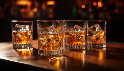 Whiskey glass on bar counter reflects elegance generated by AI