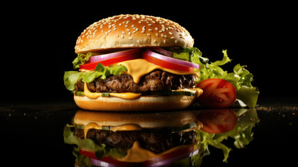 deluxe hamburger,dramatic studio lighting and shallow depth of field placed