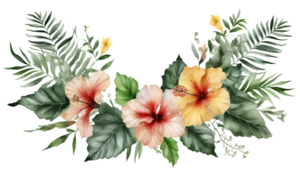 Fotobehang Watercolor frame with realistic colorful hibiscus and green leaves. Trendy tropical flowers isolated on white backgr © Andina