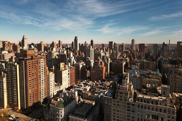 Obraz premium New York City Central Park. Top view with Autumn tree. Autumn Central Park view from drone. Aerial of NY City, panorama in Autumn. Autumn in Central Park. Central Park Fall Colors of foliage.