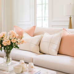 Peach color Pillows on a white sofa, Living room