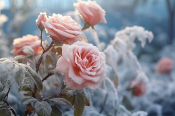 Frozen Rose Garden: Showcase the fairy dancing in a garden of frozen roses, emphasizing the contrast between the delicate flowers and the icy surroundings.