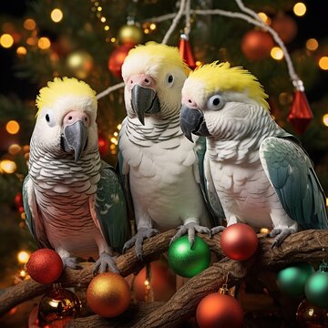 Three parrots on a christmas tree with ornaments
