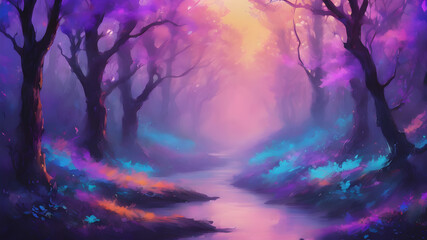 Magic fairy fantasy purple lavender forest background illustration  - obrazy, fototapety, plakaty