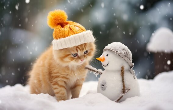 Cute little kitten playing with snowman on winter day outdoors.