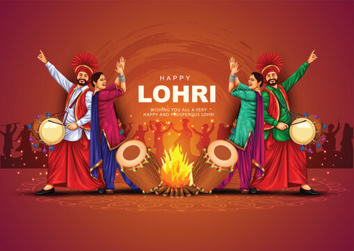 Happy Lohri festival of Punjab India background. group of people playing lohri dance. vector illustration banner design	

