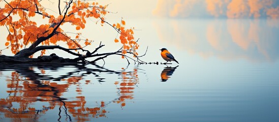 A curious bird sat on a leafy tree, viewing a peaceful lake where its reflection shimmered. - obrazy, fototapety, plakaty